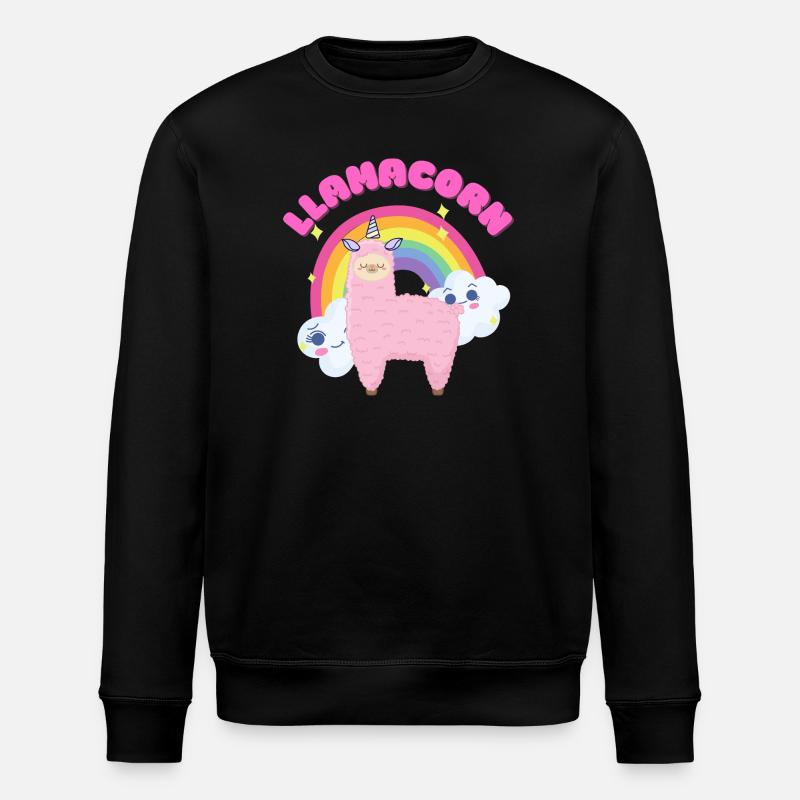 Whimsical Pink Llama with Rainbow - Stanley/Stella ROLLER Unisex Organic Sweatshirt - black