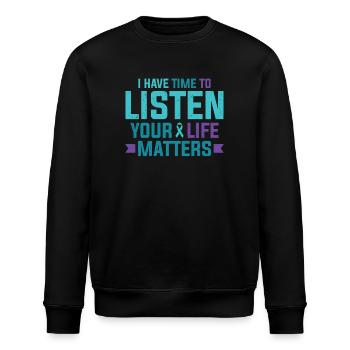 Purple Teal Ribbon J’ai le temps d’écouter - Sweat bio ROLLER Stanley/Stella Unisexe - noir - Devant - Nik (191cm)