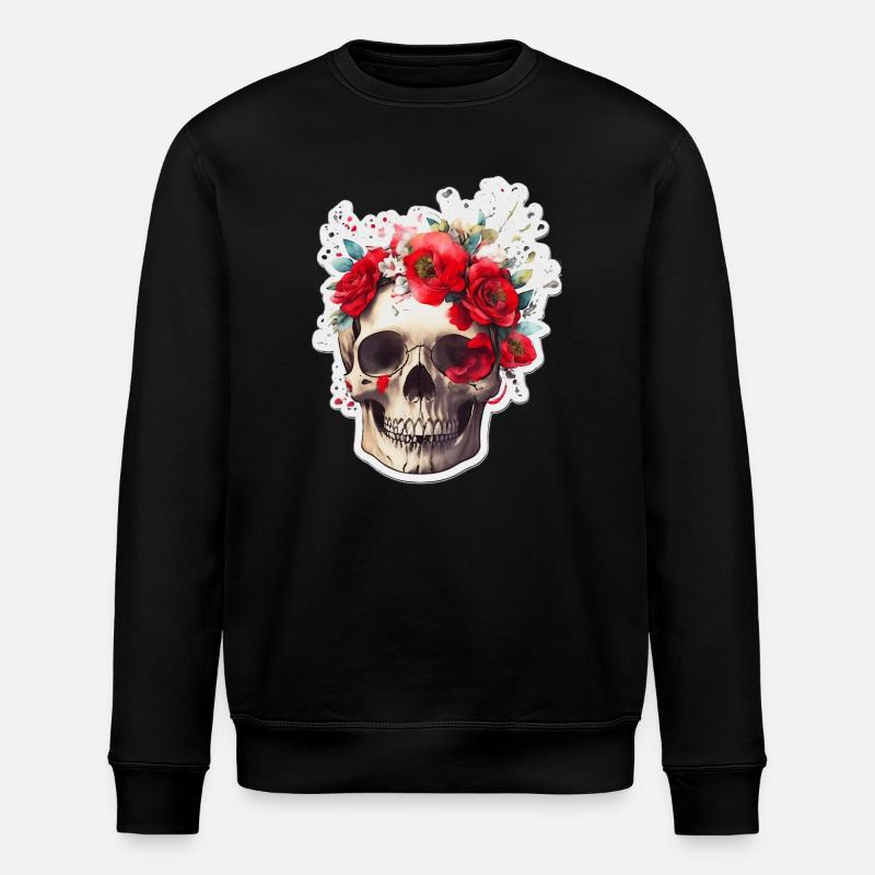 Skull with red flowers - Stanley/Stella ROLLER Unisex Organic Sweatshirt - black