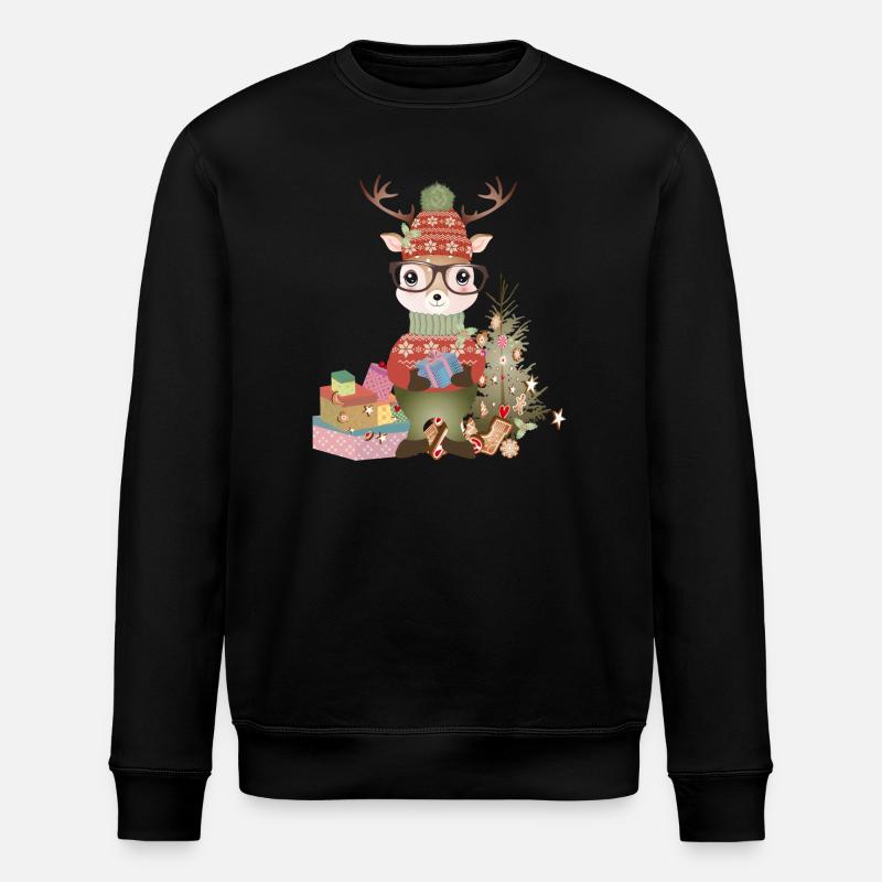 Hirsch mit Weihnachtsgeschenke,Brille und Mütze - Stanley/Stella Unisex Bio-Sweatshirt ROLLER - Schwarz