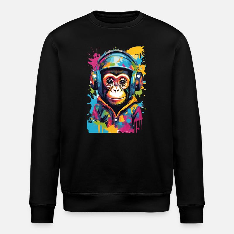Bunter Affe mit Kopfhörern - Stanley/Stella Unisex Bio-Sweatshirt ROLLER - Schwarz