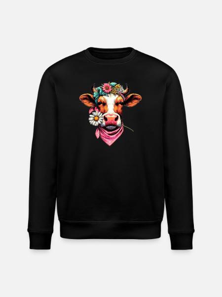Kuh mit Blumen - Stanley/Stella Unisex Bio-Sweatshirt ROLLER - Schwarz