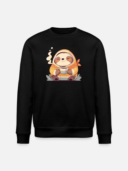 Faultier-Illustration mit seiner Tasse Kaffee - Stanley/Stella Unisex Bio-Sweatshirt ROLLER - Schwarz