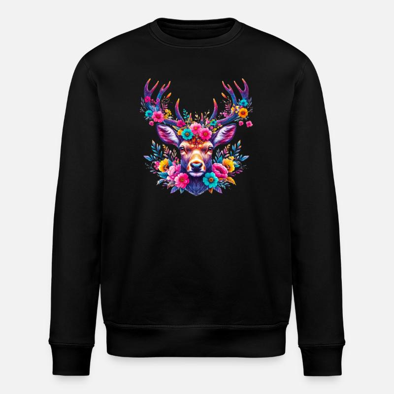 Hirsch mit Blumen geschmückt - Stanley/Stella Unisex Bio-Sweatshirt ROLLER - Schwarz