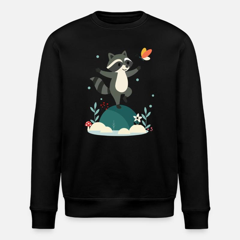 Playful dancing raccoon with butterfly - Stanley/Stella ROLLER Unisex Organic Sweatshirt - black
