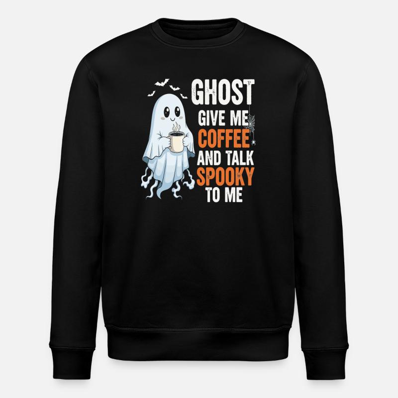 Spooky Ghost with Coffee Illustration - Stanley/Stella ROLLER Unisex Organic Sweatshirt - black