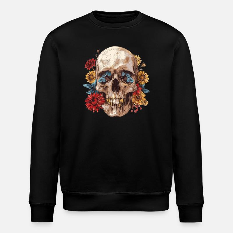 Crâne, crâne avec des fleurs - Sweat bio ROLLER Stanley/Stella Unisexe - noir