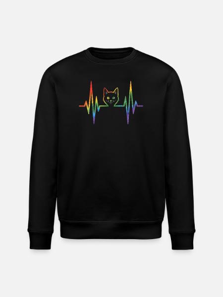 Rainbow cat with pulse heart line - Stanley/Stella ROLLER Unisex Organic Sweatshirt - black