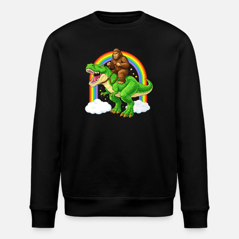 Bigfoot Riding T-Rex Dinosaur Rainbow - Stanley/Stella ROLLER Unisex Organic Sweatshirt - black