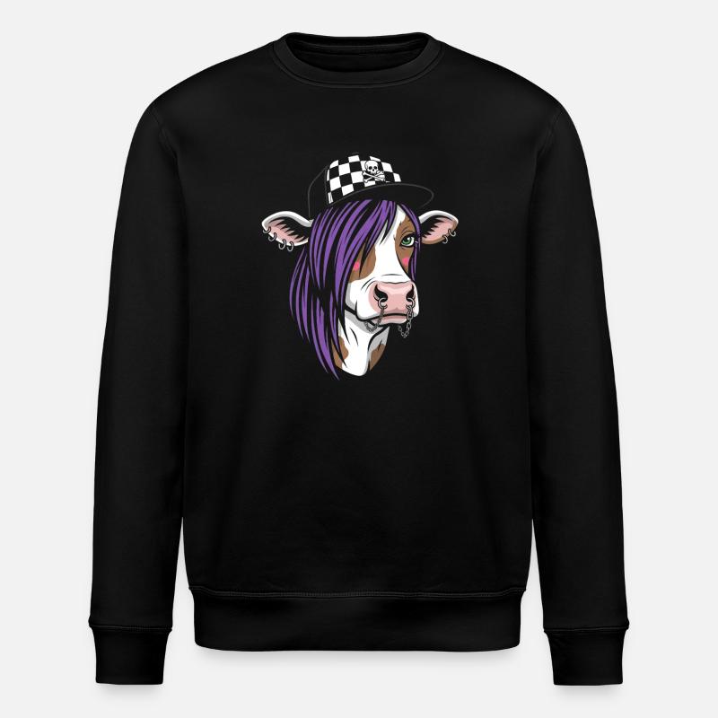 Punk-Kuh mit Lila Haar und Checkered Cap - Stanley/Stella Unisex Bio-Sweatshirt ROLLER - Schwarz