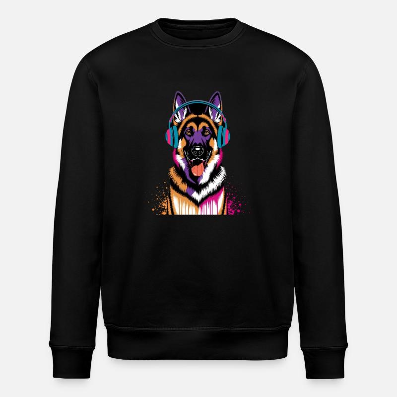 German Shepherd with Headphones - Stanley/Stella ROLLER Unisex Organic Sweatshirt - black