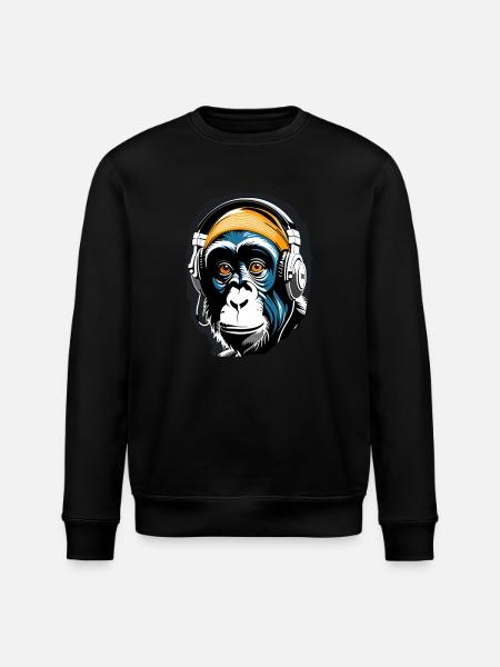 Music Monkey Chimpanzee Headphones as a Gift Idea - Stanley/Stella ROLLER Unisex Organic Sweatshirt - black