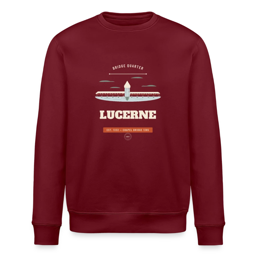 Lucerne badge on a stanley/stella roller unisex organic sweatshirt, burgundy