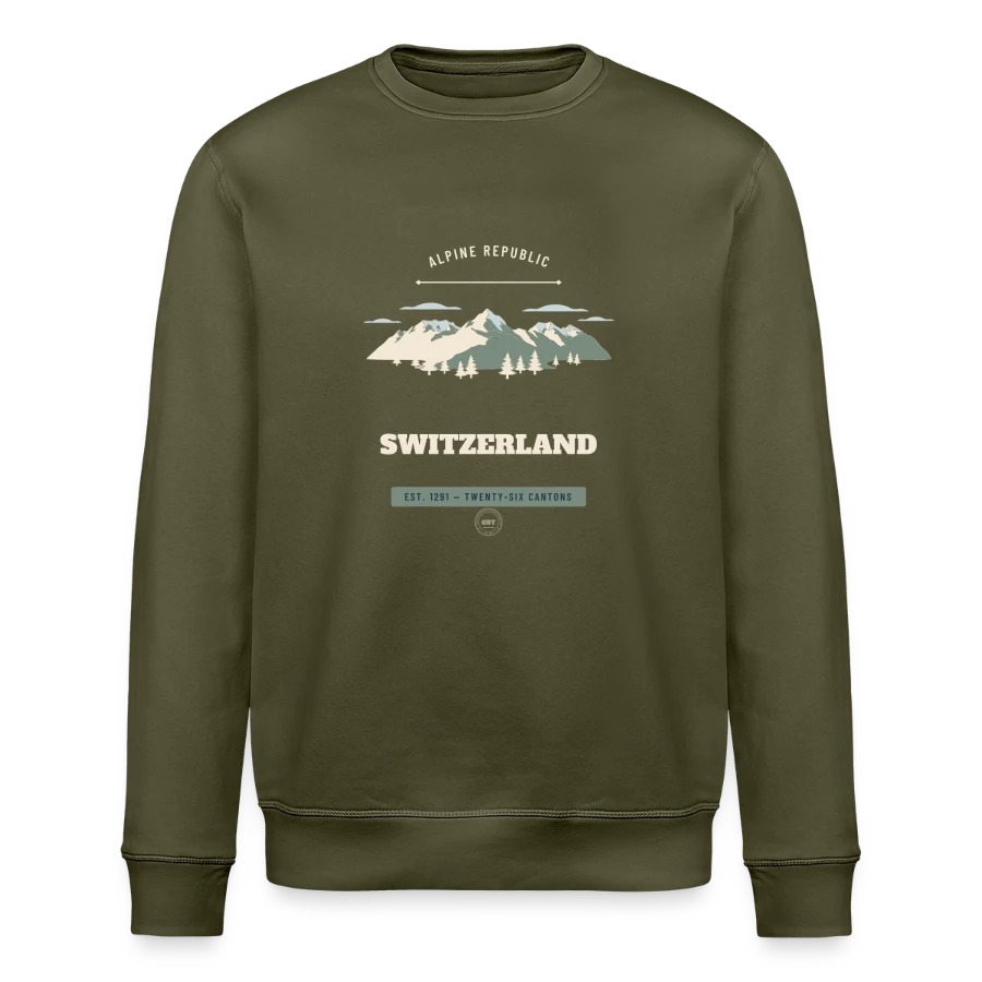 Switzerland badge on a stanley/stella roller unisex organic sweatshirt, khaki