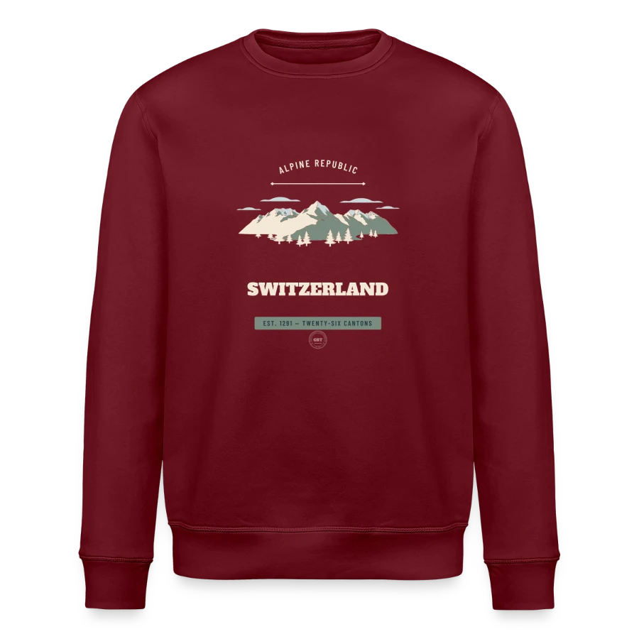Switzerland badge on a stanley/stella roller unisex organic sweatshirt, burgundy