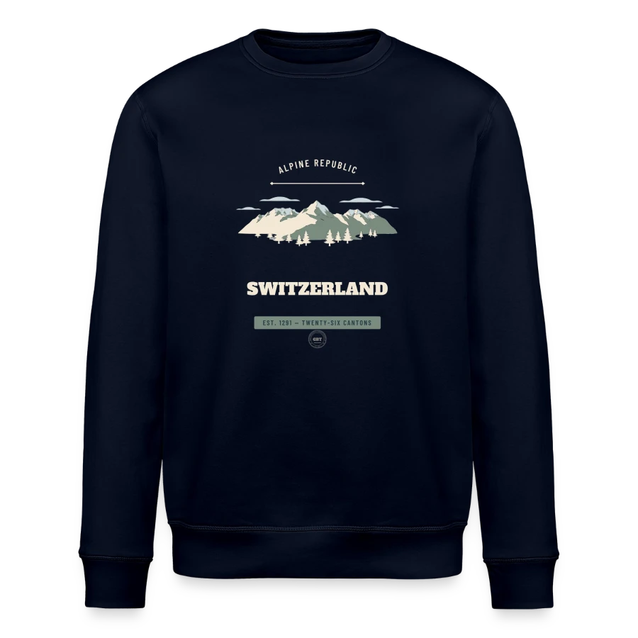 Switzerland badge on a stanley/stella roller unisex organic sweatshirt, navy