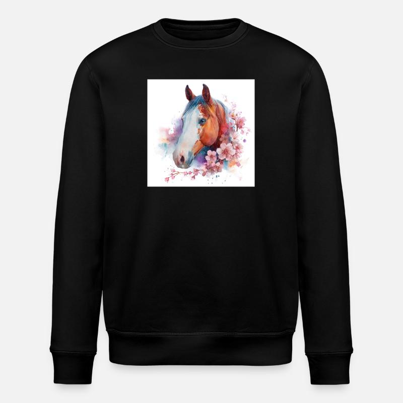 Aquarellpferd zwischen Blüten - Stanley/Stella Unisex Bio-Sweatshirt ROLLER - Schwarz