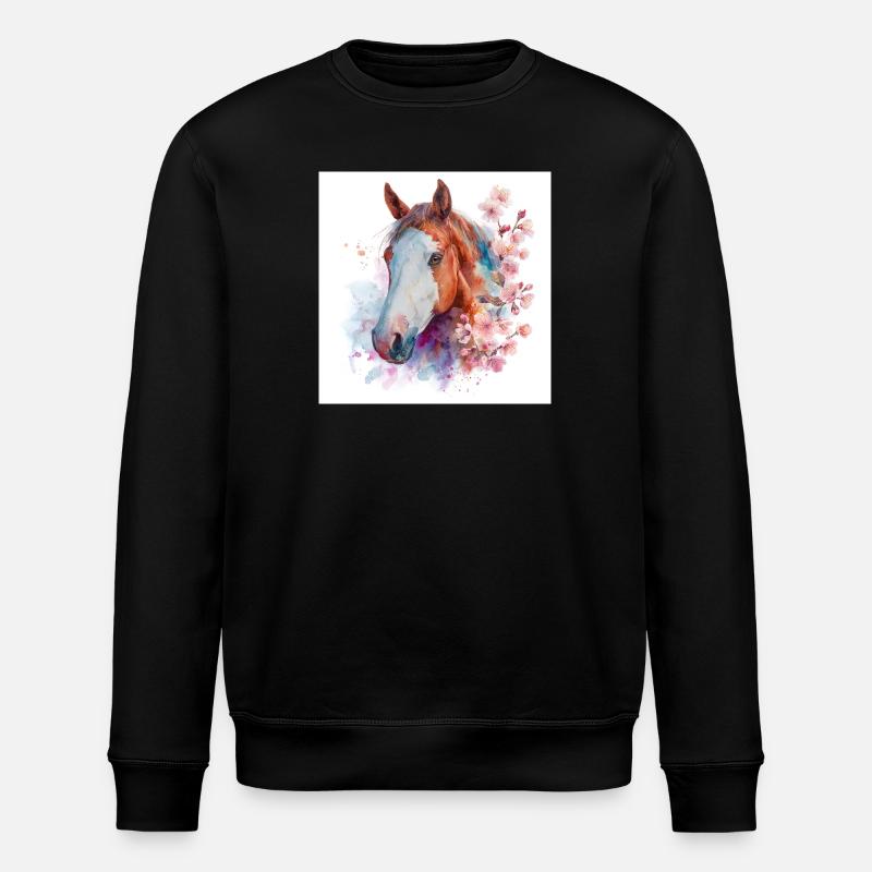 Aquarell Pferde- und Kirschblüten - Stanley/Stella Unisex Bio-Sweatshirt ROLLER - Schwarz