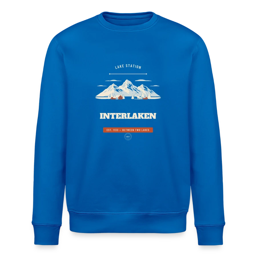 Interlaken badge on a stanley/stella roller unisex organic sweatshirt, royal blue