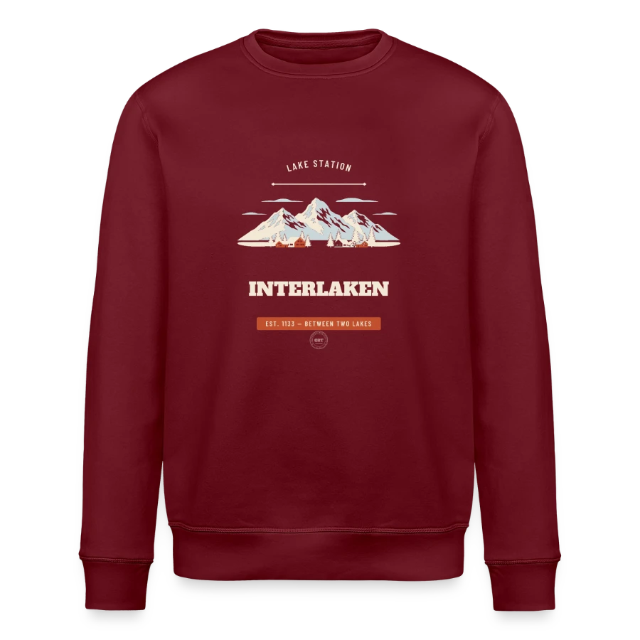Interlaken badge on a stanley/stella roller unisex organic sweatshirt, burgundy