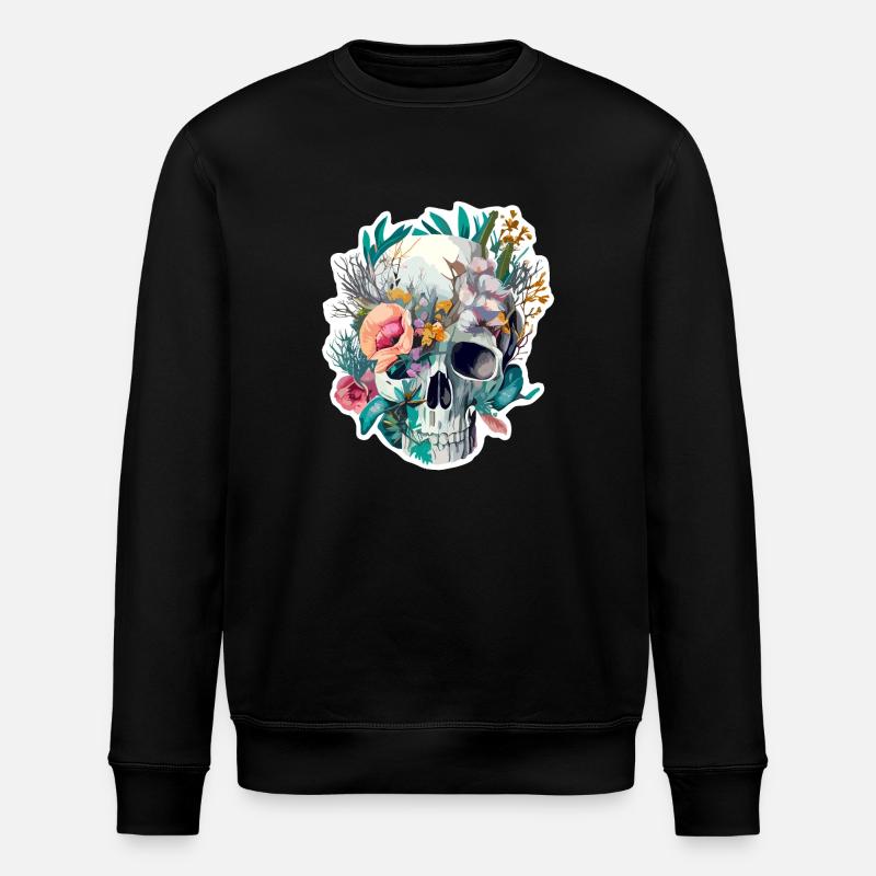 Human Skull & Flowers 28 - Stanley/Stella ROLLER Unisex Organic Sweatshirt - black