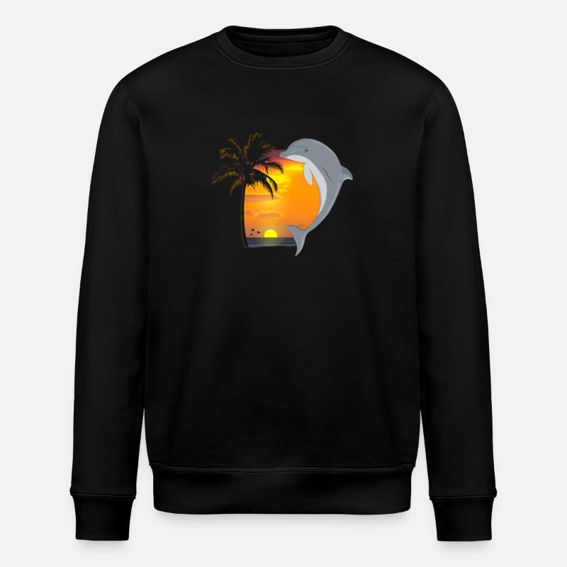 Dolphin Beach Palm Tree Sunset - Stanley/Stella ROLLER Unisex Organic Sweatshirt - black