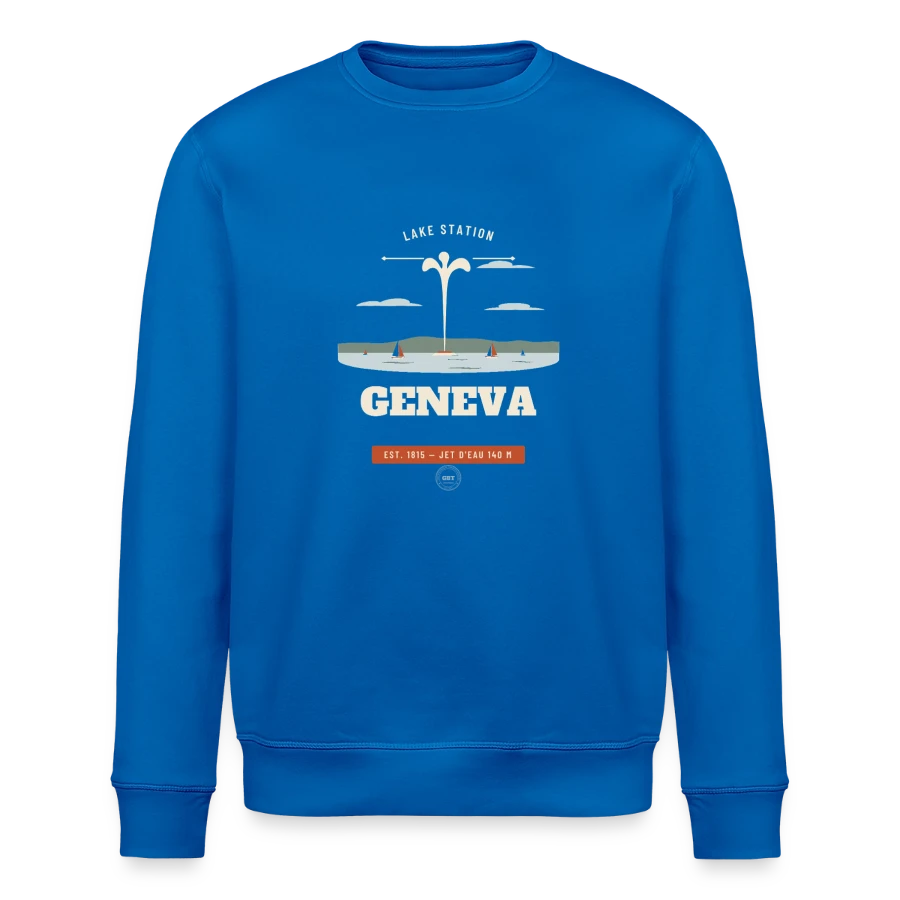 Geneva badge on a stanley/stella roller unisex organic sweatshirt, royal blue