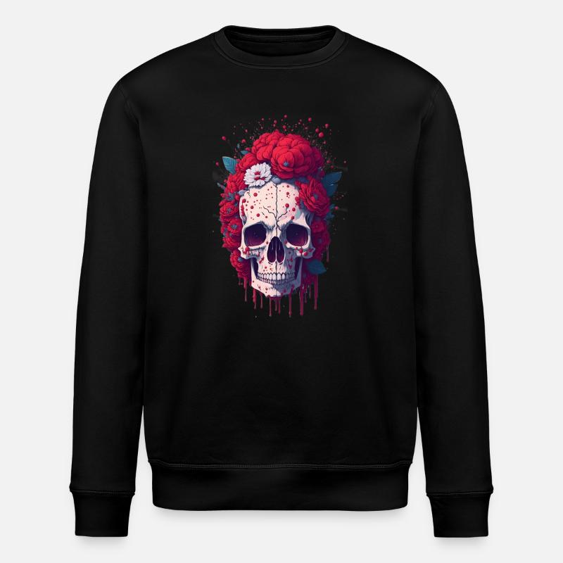 Totenkopf mit roten Blumen - Stanley/Stella Unisex Bio-Sweatshirt ROLLER - Schwarz