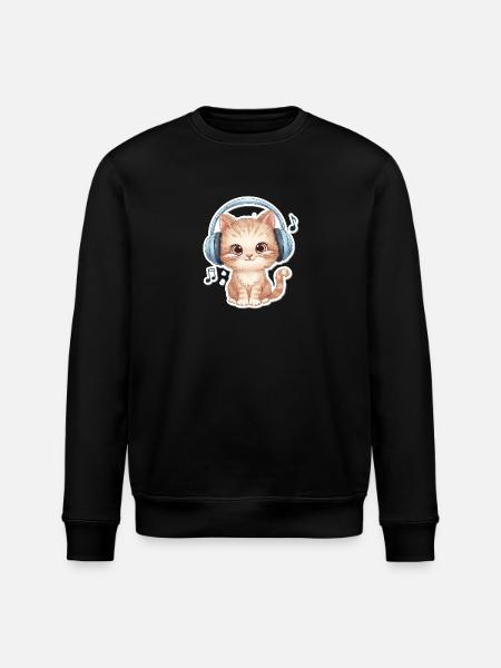 Cute Cat with Doodle Headphones - Stanley/Stella ROLLER Unisex Organic Sweatshirt - black