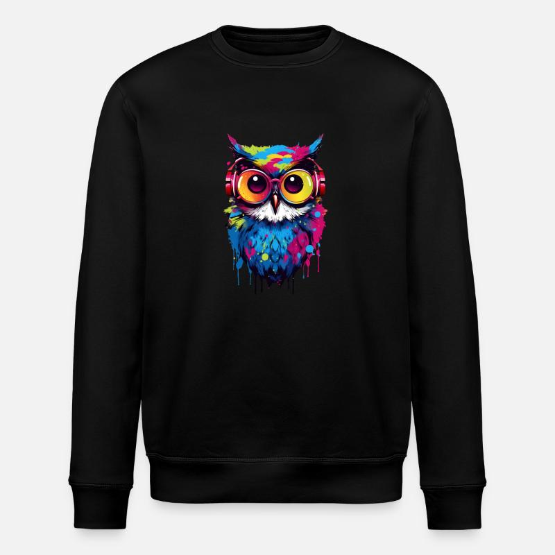 Bunte Eule mit Kopfhörer - Stanley/Stella Unisex Bio-Sweatshirt ROLLER - Schwarz