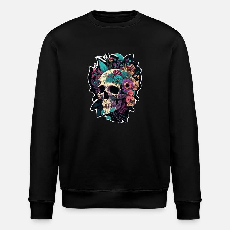 Menschlicher Schädel & Blumen 5 - Stanley/Stella Unisex Bio-Sweatshirt ROLLER - Schwarz
