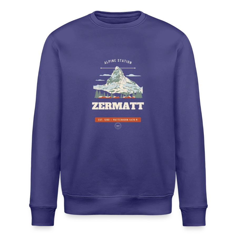 Zermatt badge on a stanley/stella roller unisex organic sweatshirt, dusk