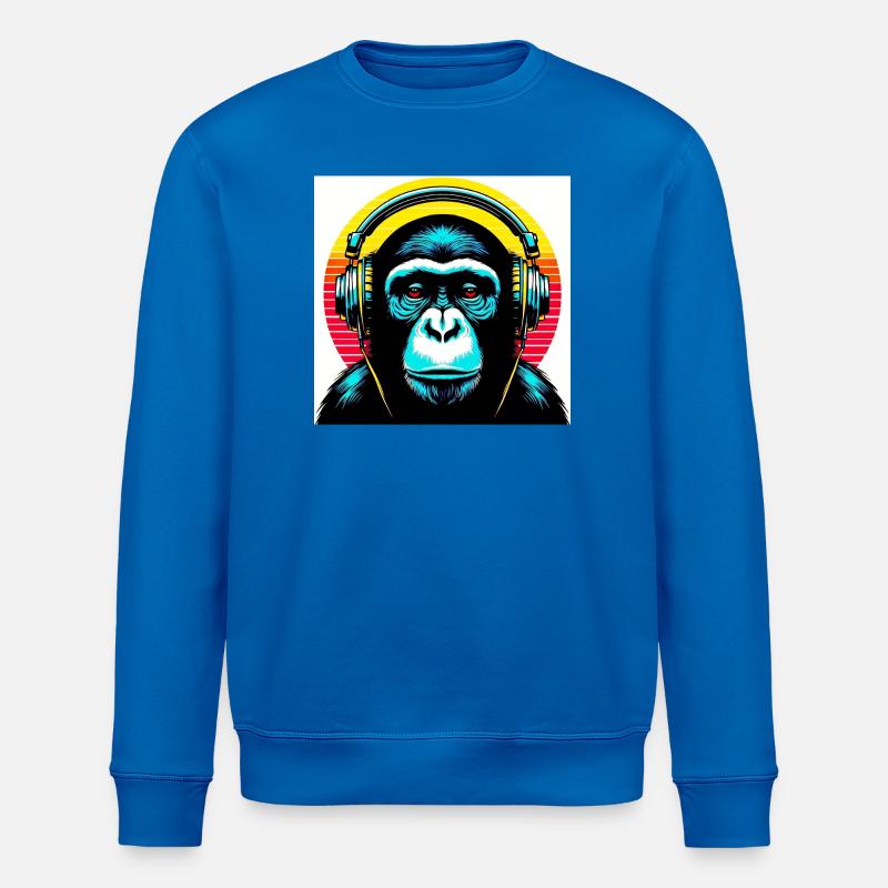 Schimpansenaffe hört Musik mit Kopfhörern - Stanley/Stella Unisex Bio-Sweatshirt ROLLER - Königsblau