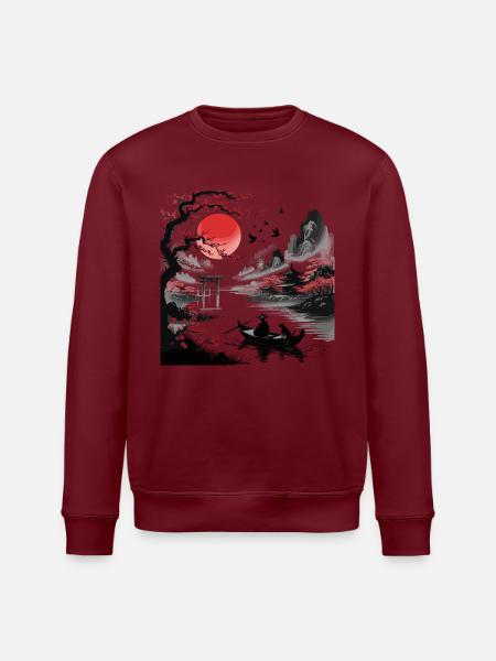 Japanischer Baum, Roter Mond, Mit, Vögel, Fliegend - Stanley/Stella Unisex Bio-Sweatshirt ROLLER - Burgunderrot