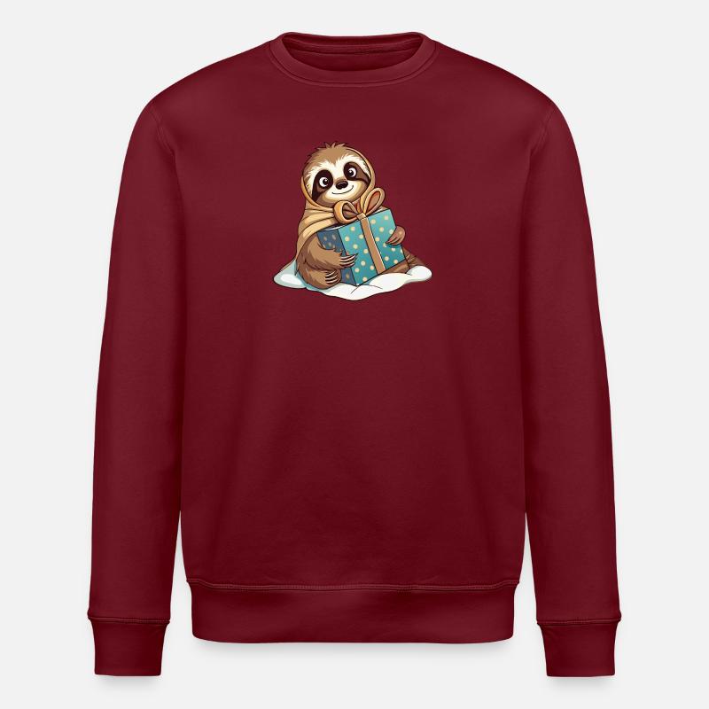 Cute sloth unwrapping gift - Stanley/Stella ROLLER Unisex Organic Sweatshirt - burgundy