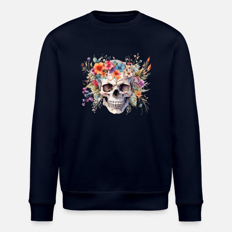 skull surrounded with wildflower - Stanley/Stella ROLLER Unisex Organic Sweatshirt - navy
