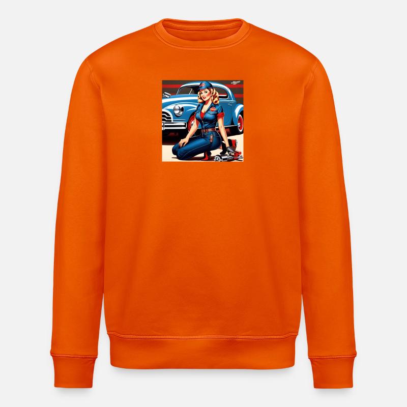 Pinup im Retrowagen Blau - Stanley/Stella Unisex Bio-Sweatshirt ROLLER - Tieforange