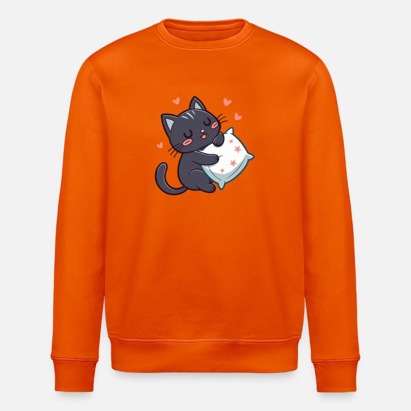 Starry Cuddly Black Cat with Pillow - Stanley/Stella ROLLER Unisex Organic Sweatshirt - bright orange