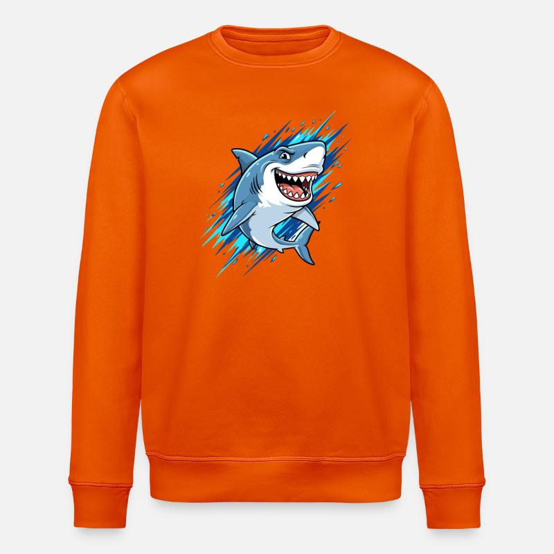 Blauer Cartoonhai mit Spritzern - Stanley/Stella Unisex Bio-Sweatshirt ROLLER - Tieforange