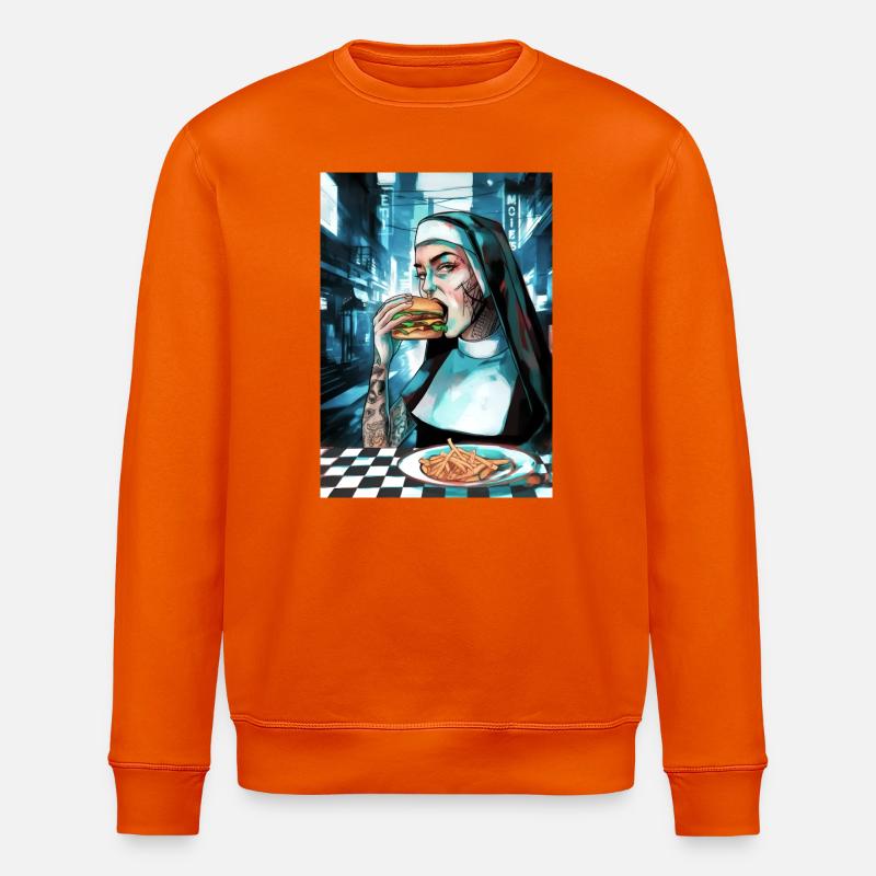 Neon-Nonne beißt Burger im Cybercity - Stanley/Stella Unisex Bio-Sweatshirt ROLLER - Tieforange
