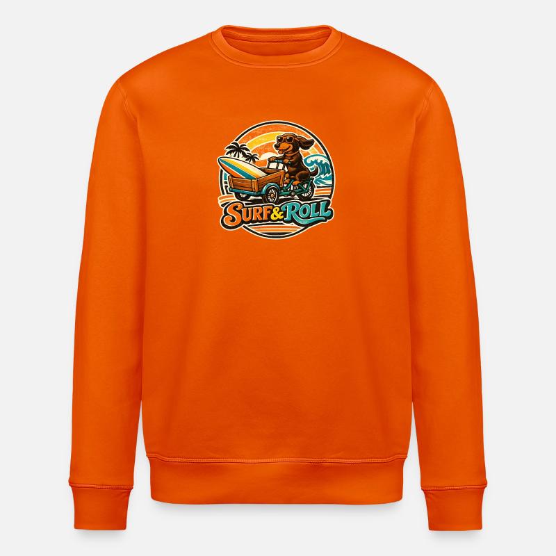 Surf & Roll Dachshund with Surfboard - Stanley/Stella ROLLER Unisex Organic Sweatshirt - bright orange