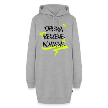 "Dream Believe Achieve" Graffiti mit Herz, Krone - Hoodie-Kleid - Grau meliert - Vorne - AI Model Female 172 light (172cm)