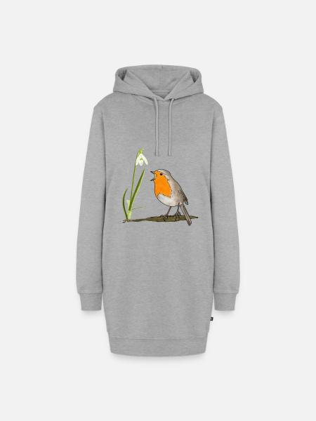 Frühling, Rotkehlchen, Schneeglöckchen - Hoodie-Kleid - Grau meliert