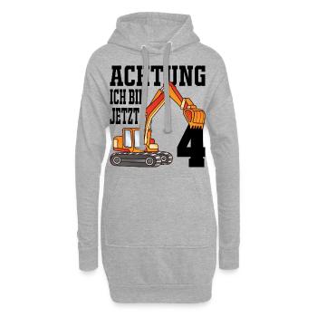 Achtung Ich Bin Jetzt 4 - Bagger 4. Geburtstag - Hoodie-Kleid - Grau meliert - Vorne