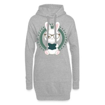 Knuffiger Kawaii Hase mit Brille und Buch - Hoodie-Kleid - Grau meliert - Vorne