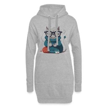 Strickende Katze - Hoodie-Kleid - Grau meliert - Vorne