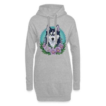 Mignon husky de dessin animé avec de jolies orchidées - Sweat-shirt à capuche long Femme - gris chiné - Devant