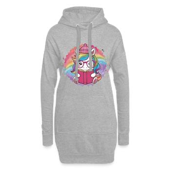 Kawaii Einhorn mit Brille und Buch - Hoodie-Kleid - Grau meliert - Vorne