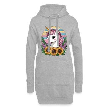 Kawaii Einhorn mit Sonnenblumen und Flieder - Hoodie-Kleid - Grau meliert - Vorne