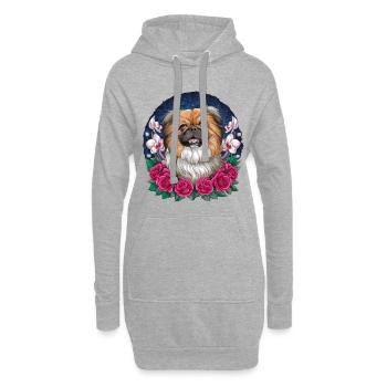 Cartoon Pekinese mit Orchideen und Rosen - Hoodie-Kleid - Grau meliert - Vorne